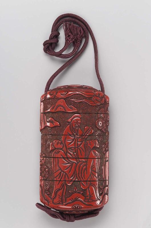 Four-case inro with design of Chinese scholars and attendants at leisure in a garden