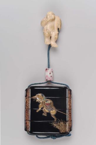 Three-case inro with design of animals dressed as humans