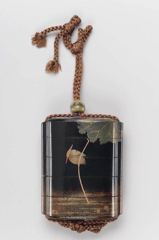 Four-case inro with design of kingfisher on a lotus plant