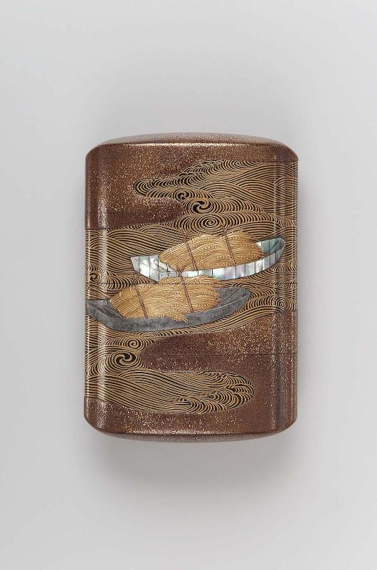Three-case inrô with design of boats laden with sheaves of rice