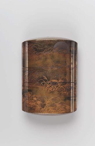 Four-case inrô with design of the moon rising on a grassy plain