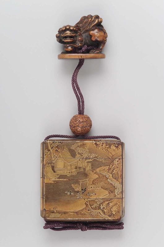 Three-case inro with design of a Shinto shrine, a river and mountains