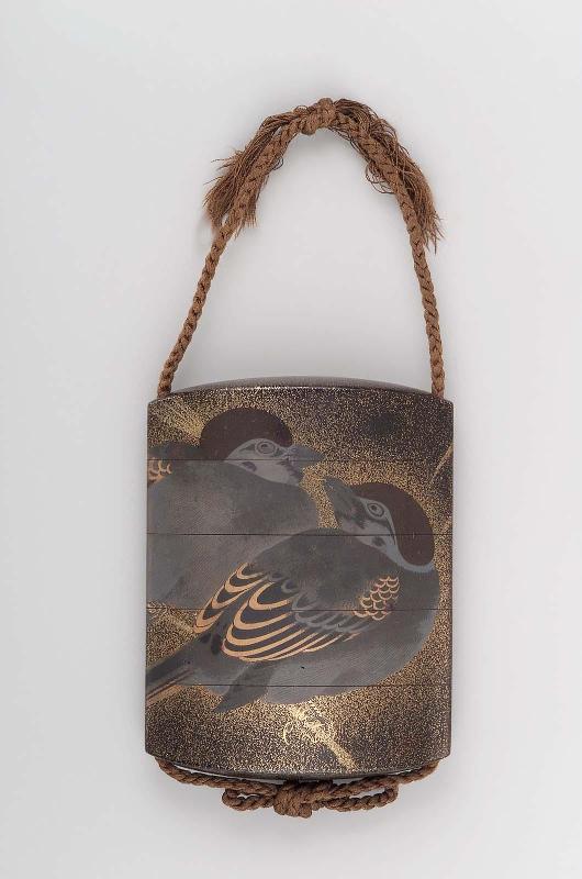 Four-case inro with design of sparrows and bamboo