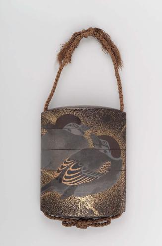 Four-case inro with design of sparrows and bamboo