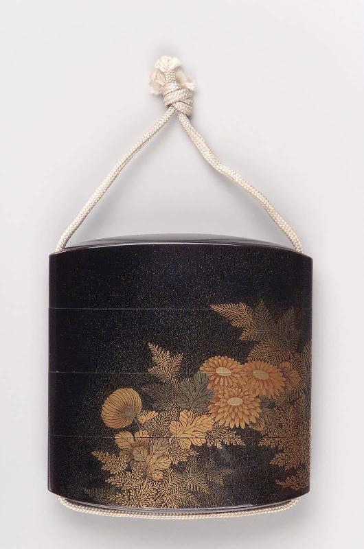 Three-case inro with chrysanthemum and fern design
