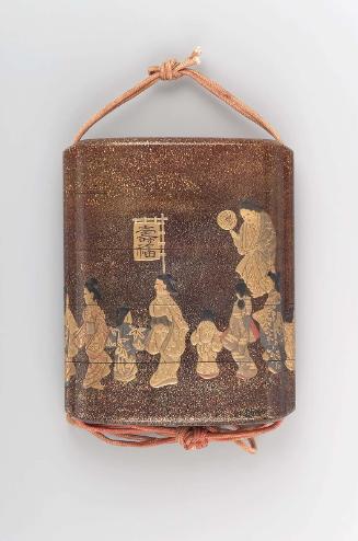 Four-case inro with design of an elderly couple counting their progeny