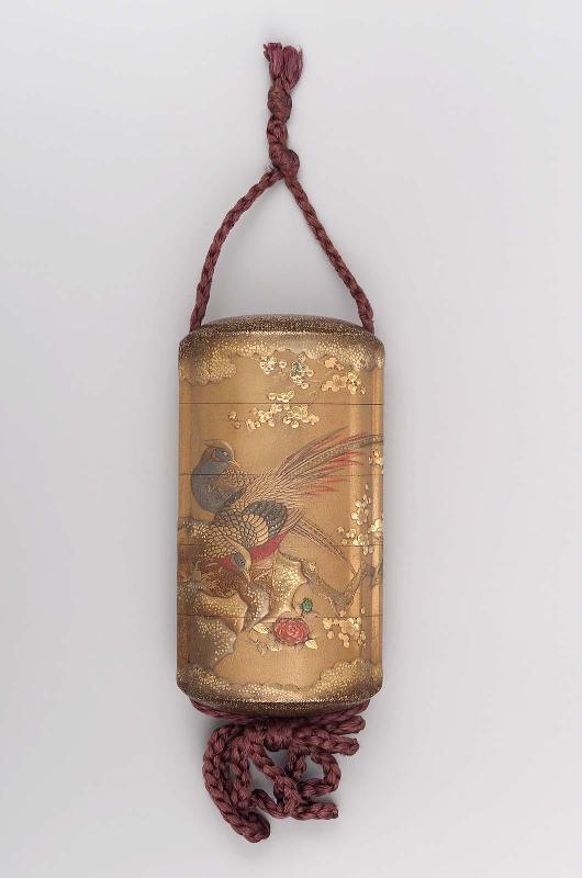 Four-case inro with design of pheasants, plum and peony