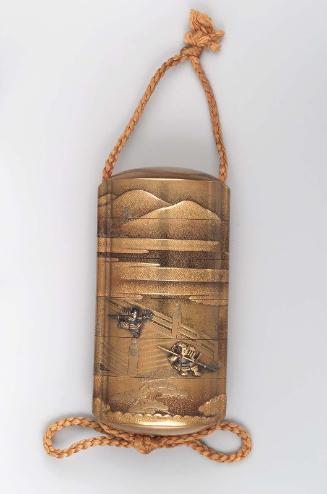 Five-case inro with design of Ushiwakamaru and Benkei on the Gojo Bridge