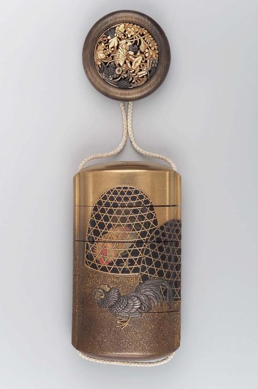 Five-case inro with design of chickens and cages