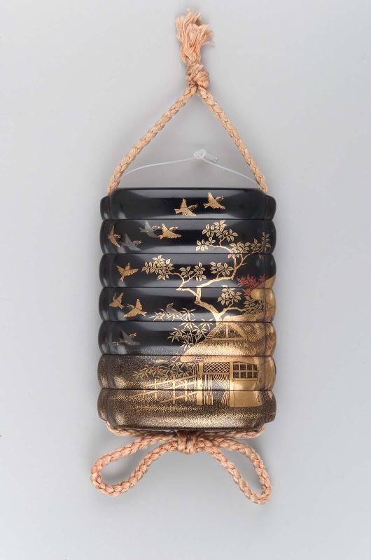 Six-case inro with design of rustic dwellings and birds