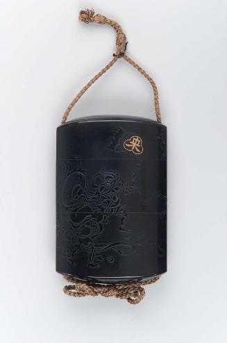 Four-case inro with design of oni carrying auspicious objects and treasure