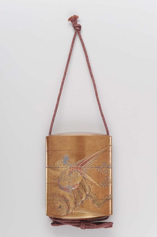 Four-case inro with design of pheasants, rocks and cherry blossom