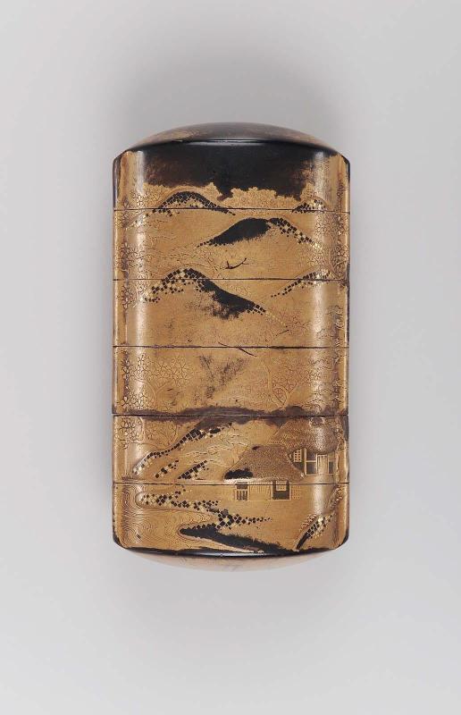 Five-case inro with design of cherry blossom at Yoshino,with mountains, a waterfall,a stream and rustic dwellings