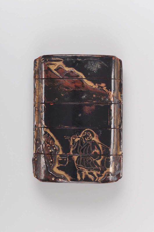 Four-case inro with design of figures in a landscape