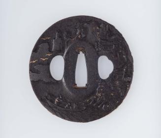 Tsuba with design of a landscape with pavilions, crags, boats and figures