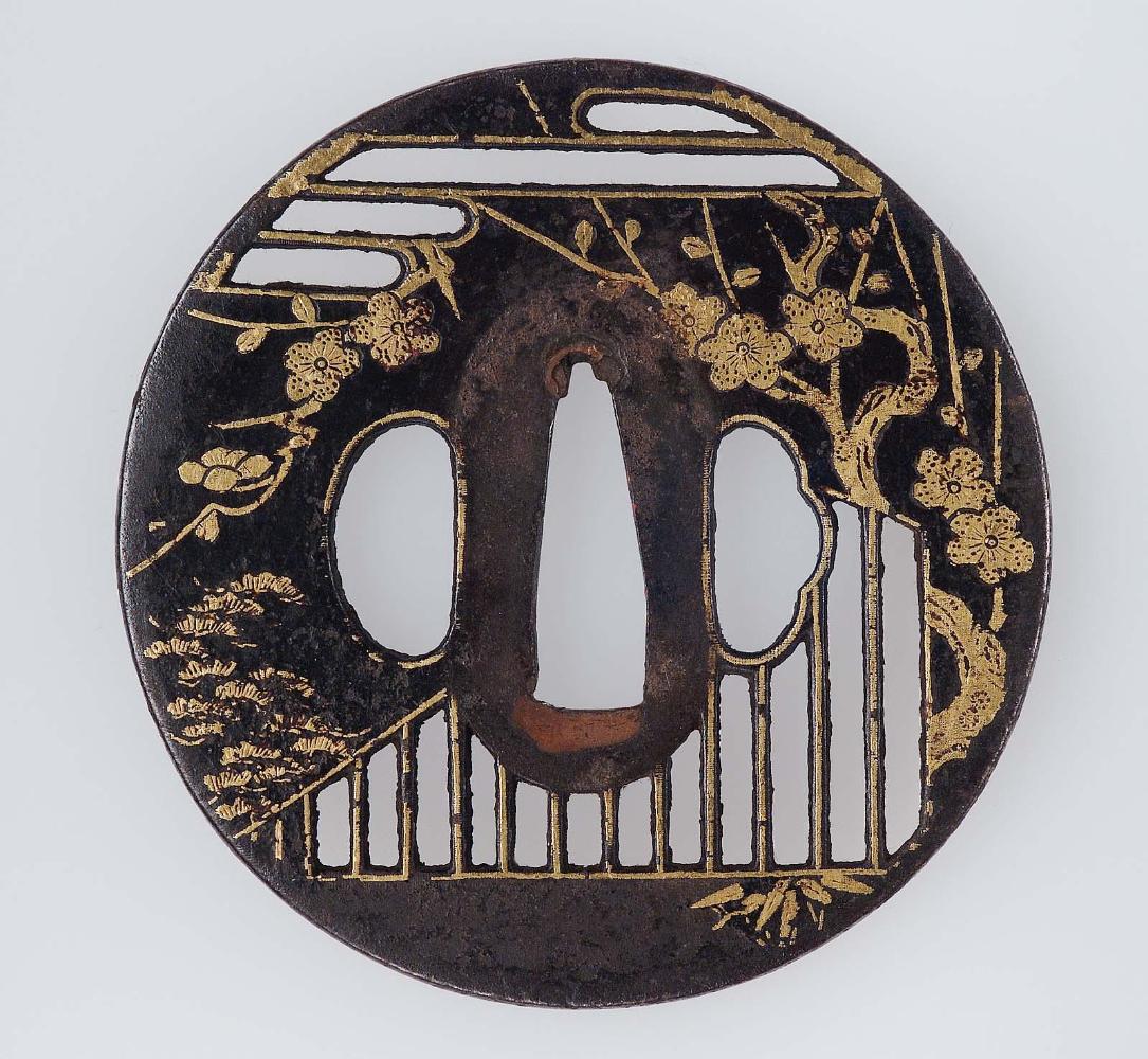 Tsuba with design of plum blossom by a window