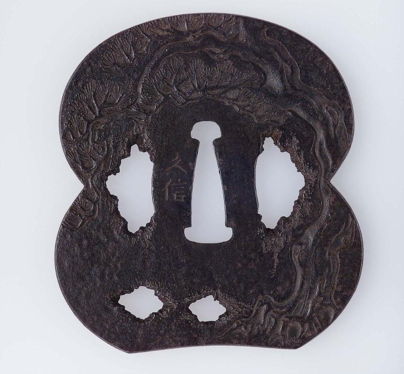 Tsuba with design of pine tree and moonlit landscape