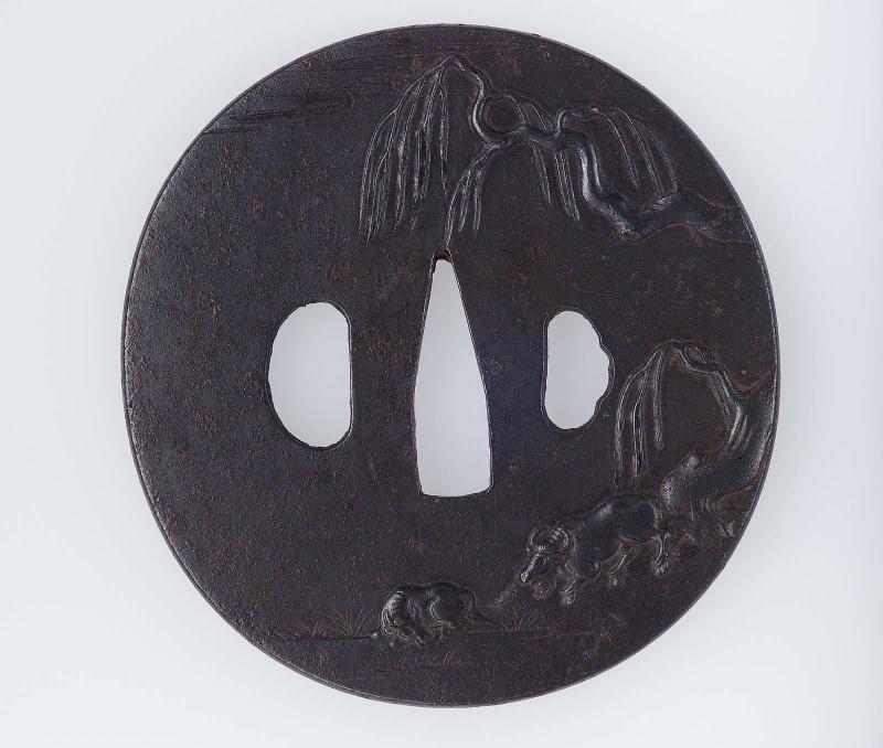 Tsuba with design of buffaloes and willow trees
