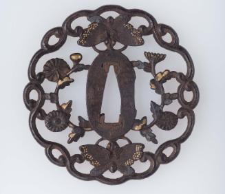 Tsuba with design of chrysanthemums and butterflies