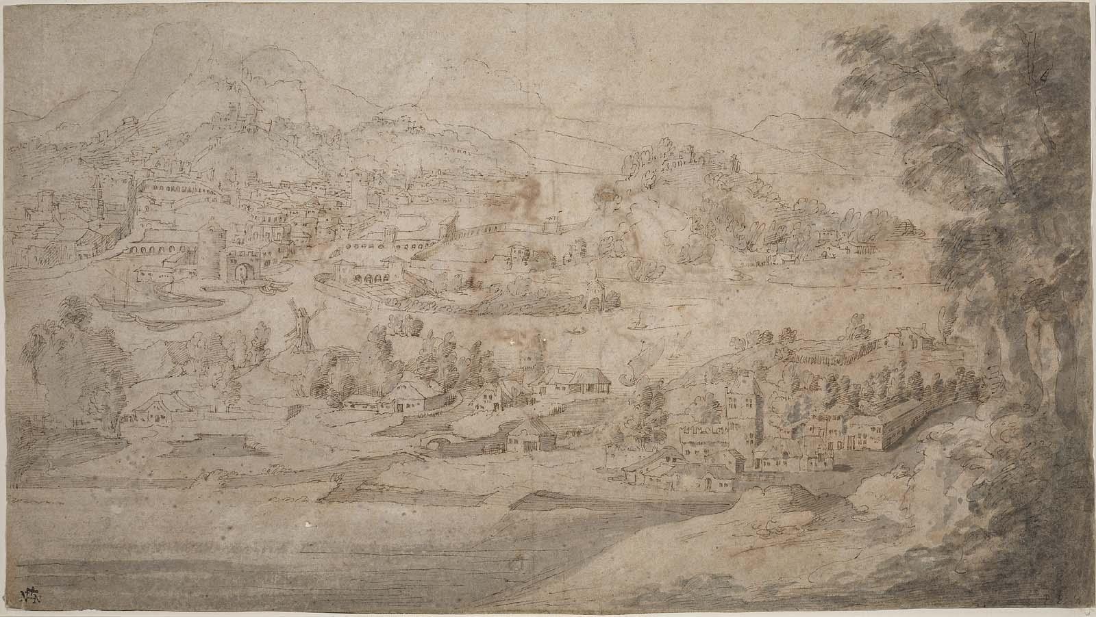 Landscape with City and Waterways; verso: two scenes from Roman history  (left, Bound Prisoner Led Away from a Seated Ruler; right, Caius Mrius in Prison)