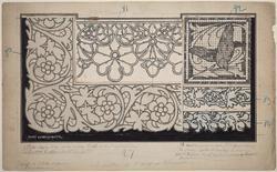 Dessins pour Entre-deux de drap ou de nappe brodé au point de Richelieu; Bordure brodé au point de feston; Carré en guipure sur filet pour rideaux de vitrage, voile de canapé ou coussin; Brodures de col ou de lingerie en broderie Richalieu.