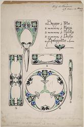 Dessins pour Peigne ivoire sculpté; Pelle à sucree en poudre en argent ciselé et ajouré; Miroir à Main en argent ciselé; Termometre en argent ciselé; Coupe papier en argent cisele repousse en turquoises; lame ivoire.