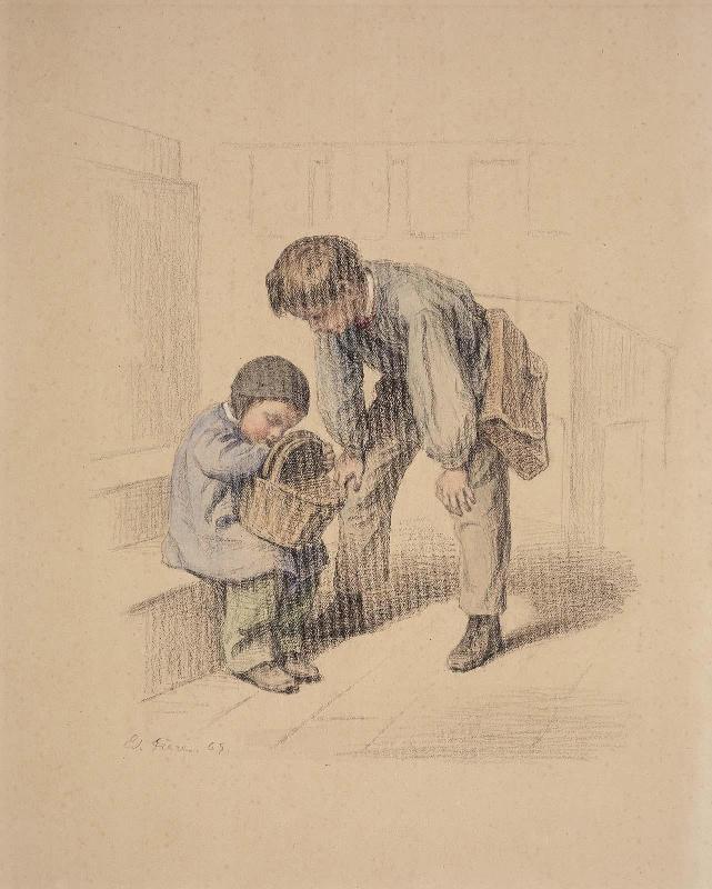 Two Boys Checking the Contents of a Basket