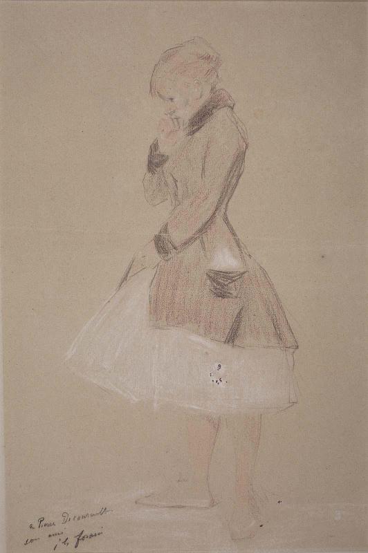 Dancer in a coat, standing, profile to left