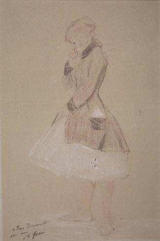 Dancer in a coat, standing, profile to left