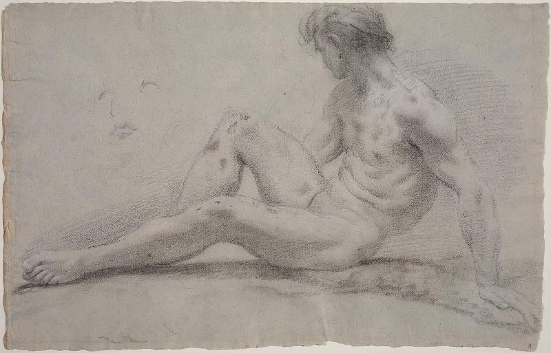 Reclining Male Nude with Subsidiary Study of a Face; verso: Two Studies of a Male Nude with Raised Arms