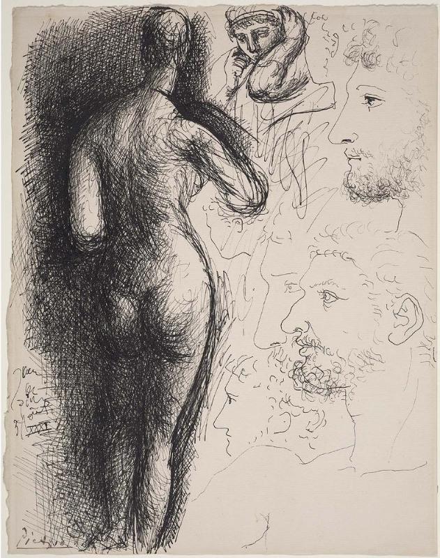 Sketch Page with Nude and Classical Heads