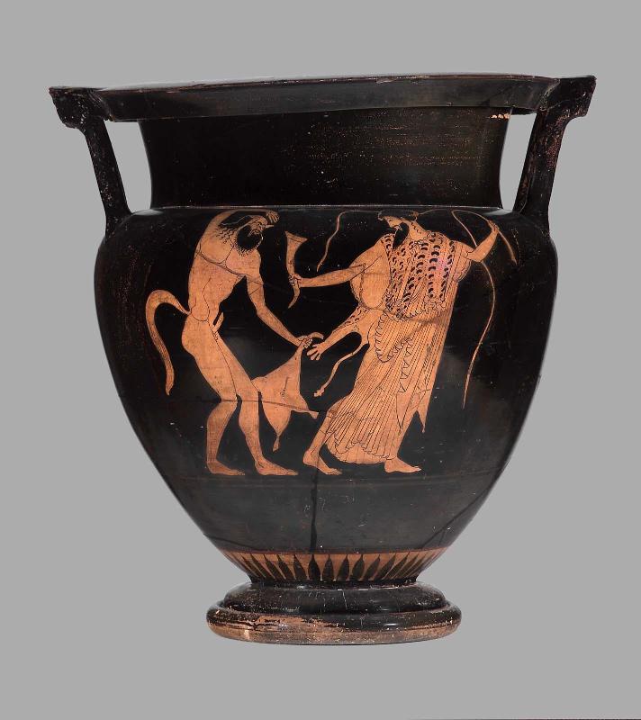Mixing bowl (column krater) depicting Dionysos with a satyr