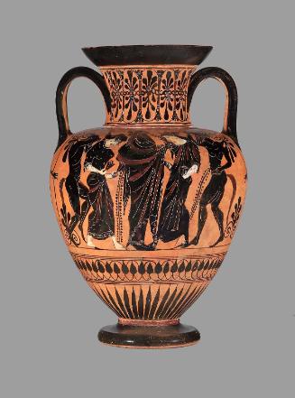 Two-handled jar (amphora) depicting a departure scene (side A) and a Bacchic scene (side B)
