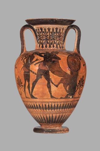 Two-handled jar (amphora) depicting Herakles and Apollo (side A) and Herakles and the Nemean Lion (side B)