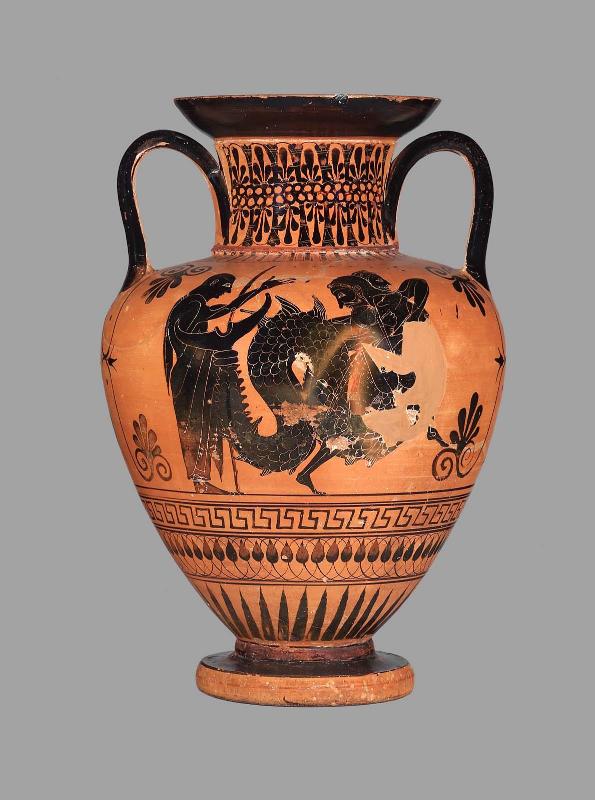 Neck-amphora depicting Herakles and Triton (A) and Dionysos (B)