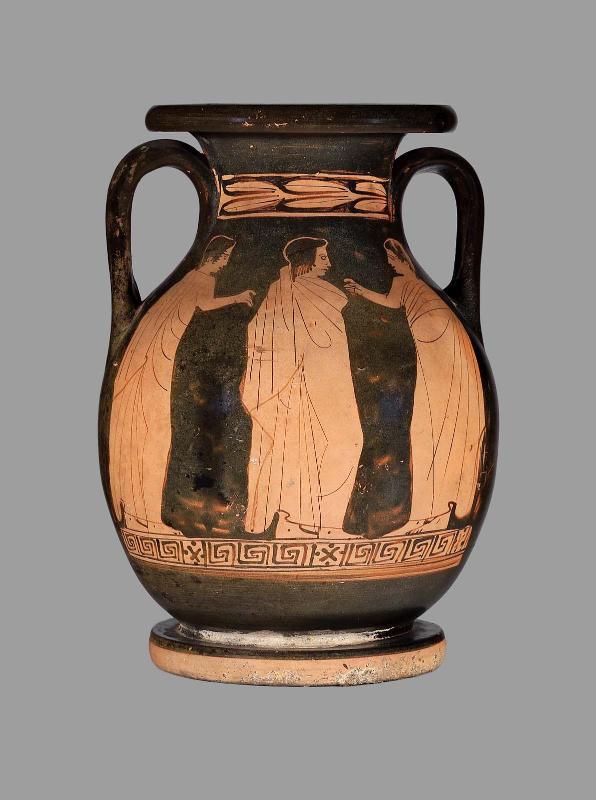 Jar (pelike) with Dionysos, maenad, and satyr