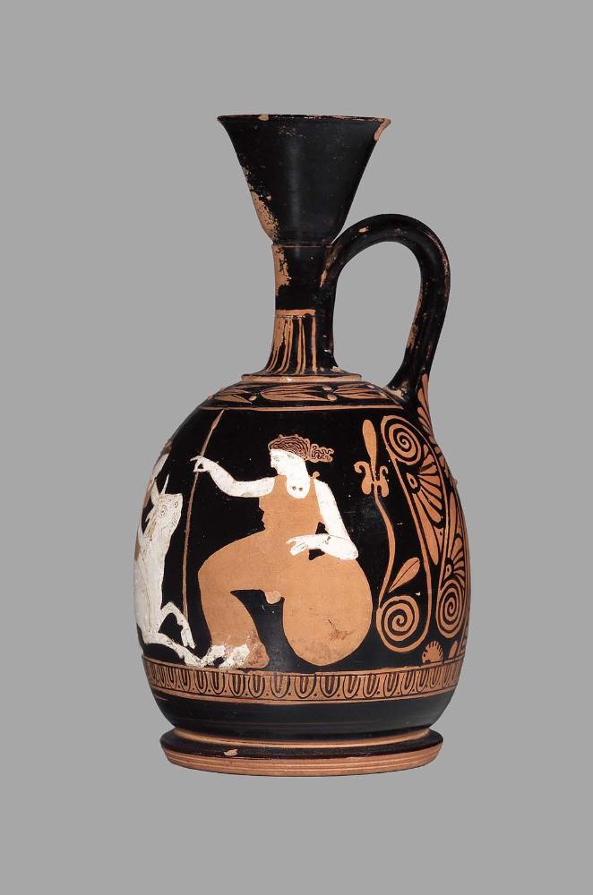 Oil flask (squat lekythos) depicting Nike sacrificing a bull between Ares and Aphrodite