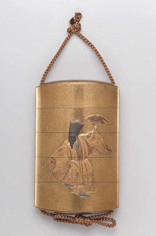 Four-case inro with design of Sanbaso and Okina dancers