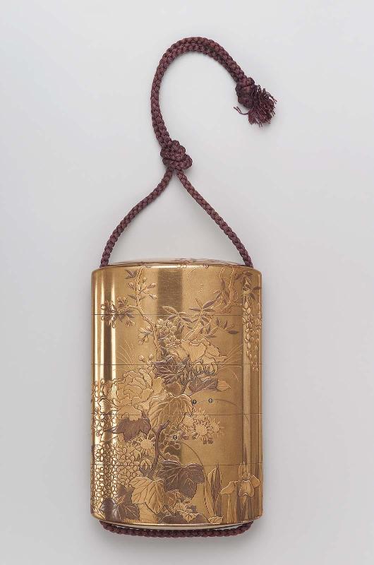 Four-case inro with design of peony, chrysanthemum, wisteria, cherry, lily