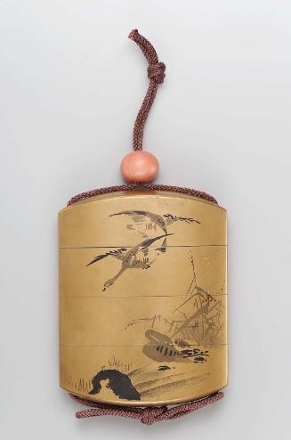 Three-case inro with goose and reeds design