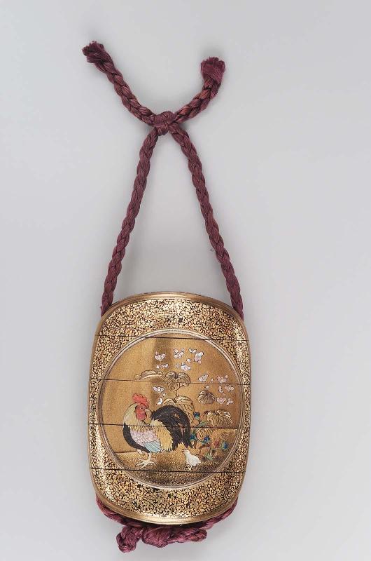 Four-case inro with chicken and plant designs in roundels