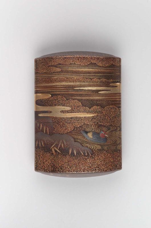 Four-case inro with design of ducks, stream and snow-laden bamboo
