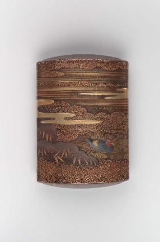 Four-case inro with design of ducks, stream and snow-laden bamboo