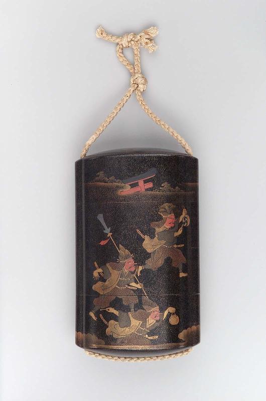 Three-case inro with design of tengu-mask-wearing participants in the Kyoto Ox Festival (Ushimatsuri)