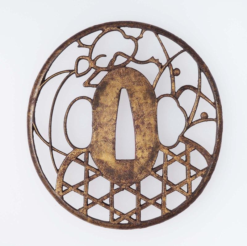 Tsuba with design of frog, grasses and jakago