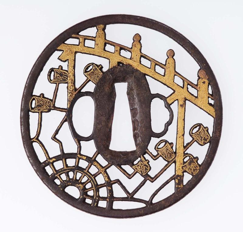 Tsuba with design of bridge and waterwheel