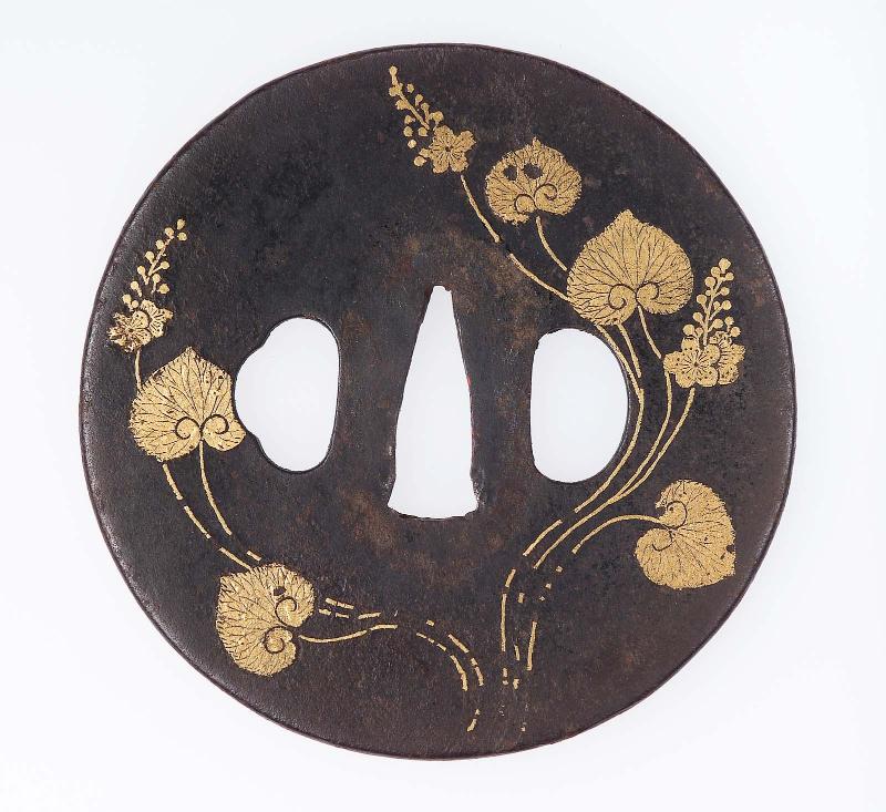 Tsuba with design of hollyhocks
