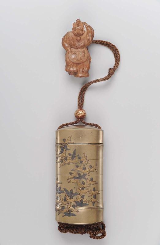 Five-case inro in the form of a length of bamboo with design of sparrows