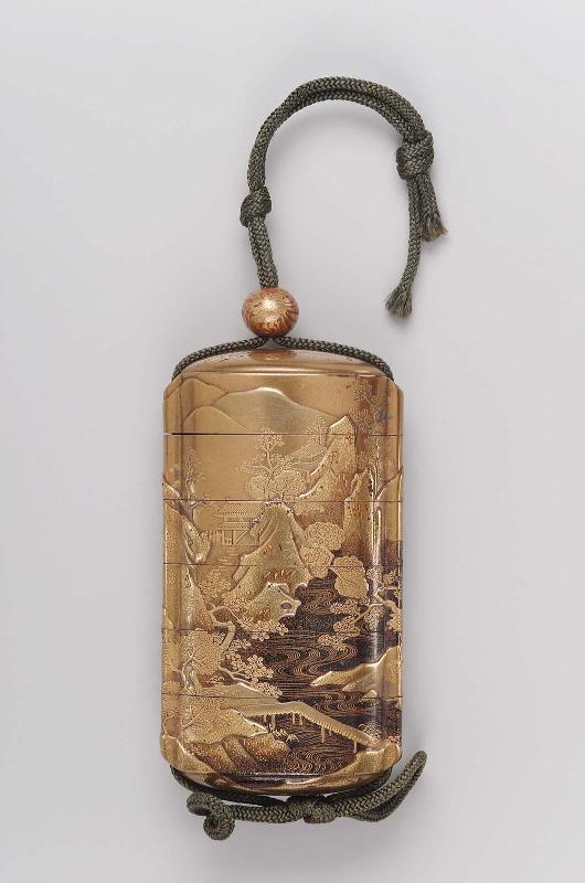 Five-case inro with design of a landscape with a river, bridge and buildings