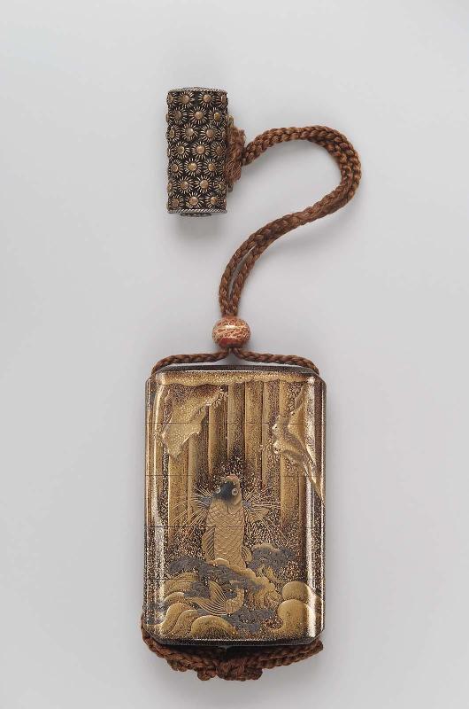 Four-case inro with design of carp leaping up a waterfall